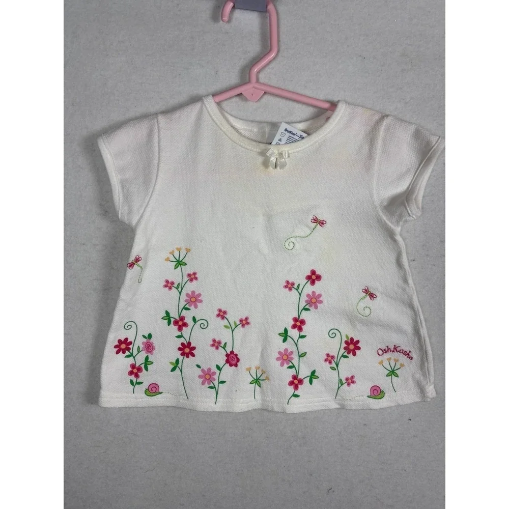 OshKosh B'gosh‎ Baby Girl White Embroidered Floral  Butterfly T-Shirt 12 Months
